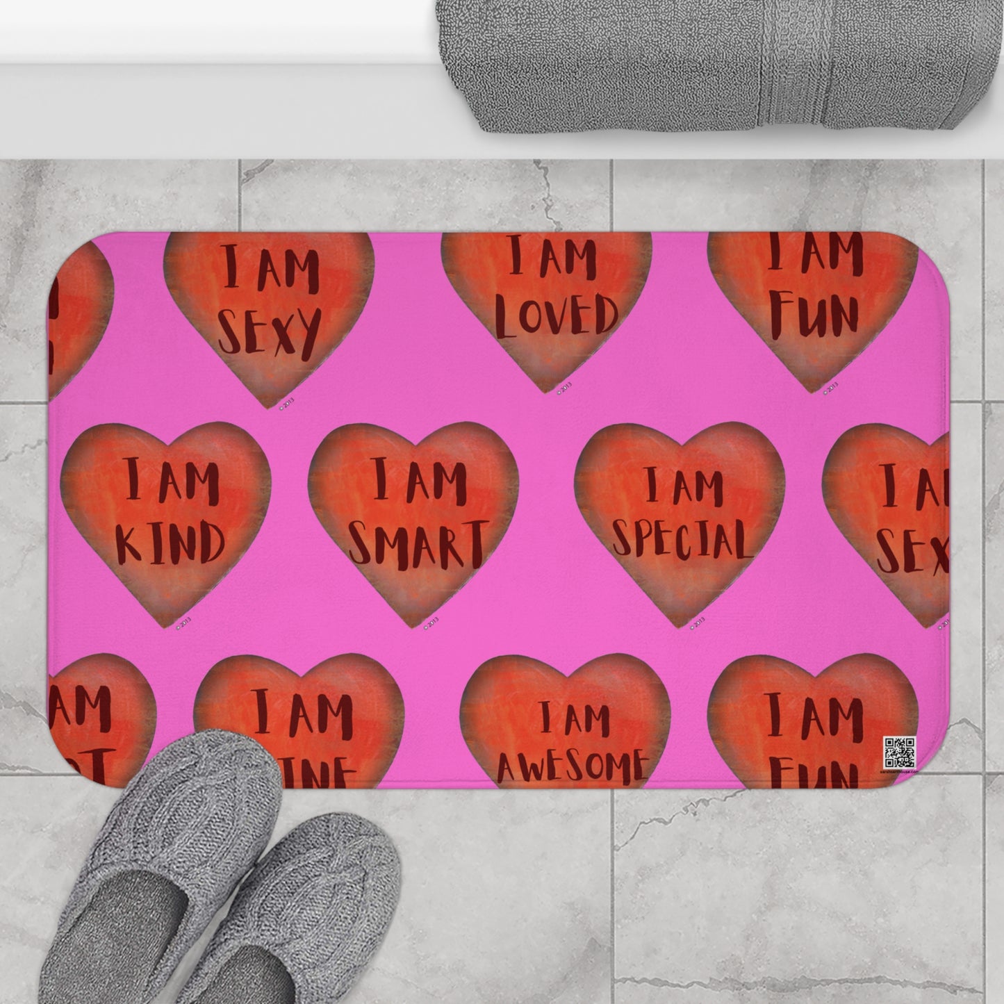 Bath Mat - Pink Heart Bathroom mat - Unique Bath mat - Motivational Hearts