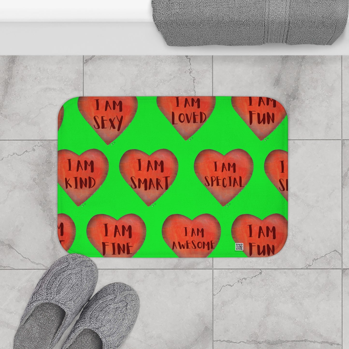 Bath Mat - Green Heart Bathroom mat - Unique Bath mat - Motivational Hearts