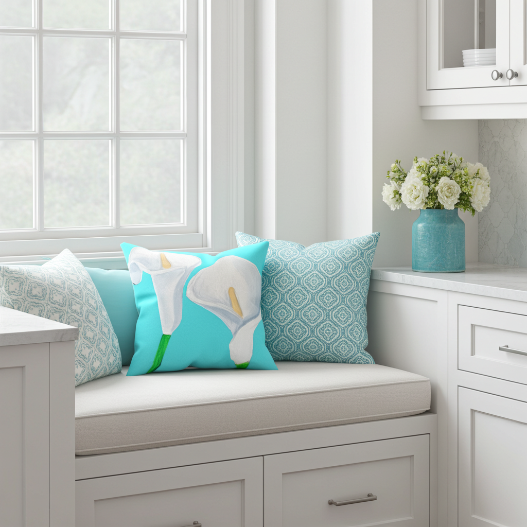 Decorative Pillow - Spring Flowers - Hand painted Linen style Throw Cushion - 2 Blue Lilly Art Pillow