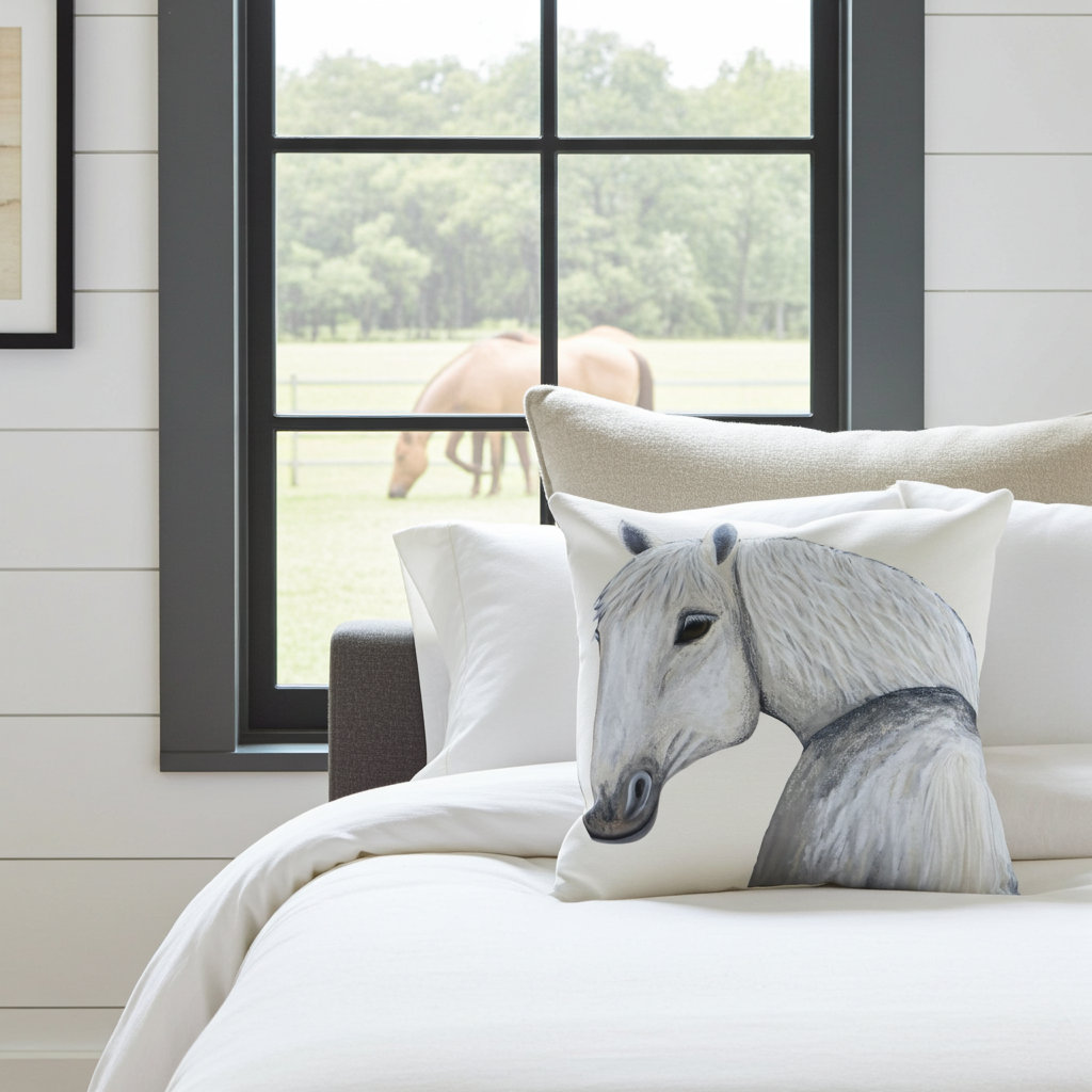 Decorative Pillow — "Ghost" — Hand-Painted Horse Art Throw Cushion by SAGJOL