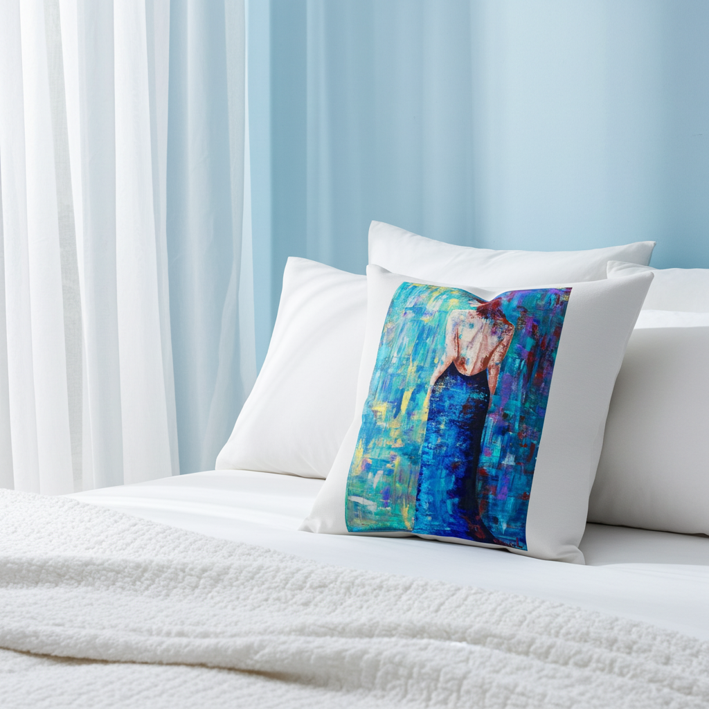 Decorative Pillow - Lady in Blue - Hand painted Linen style Throw Cushion - Original Art Pillow