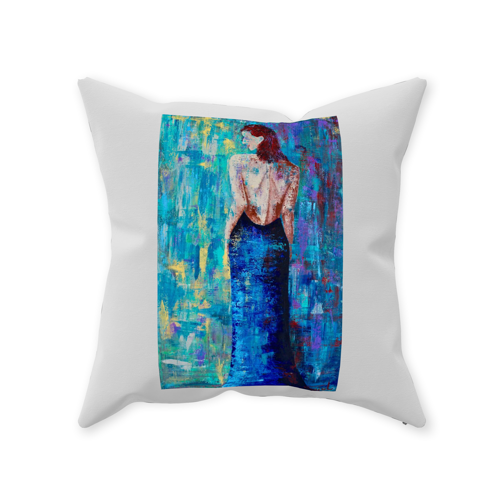 Decorative Pillow - Lady in Blue - Hand painted Linen style Throw Cushion - Original Art Pillow