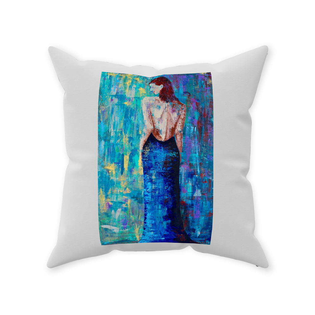 Decorative Pillow - Lady in Blue - Hand painted Linen style Throw Cushion - Original Art Pillow