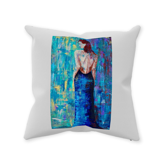 Decorative Pillow - Lady in Blue - Hand painted Linen style Throw Cushion - Original Art Pillow