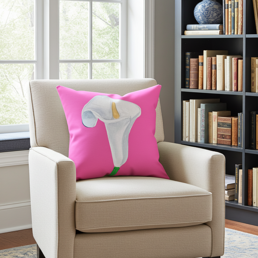 Decorative Pillow - Spring Flowers - Hand painted Linen style Throw Cushion - All Pink Lilly Art Pillow